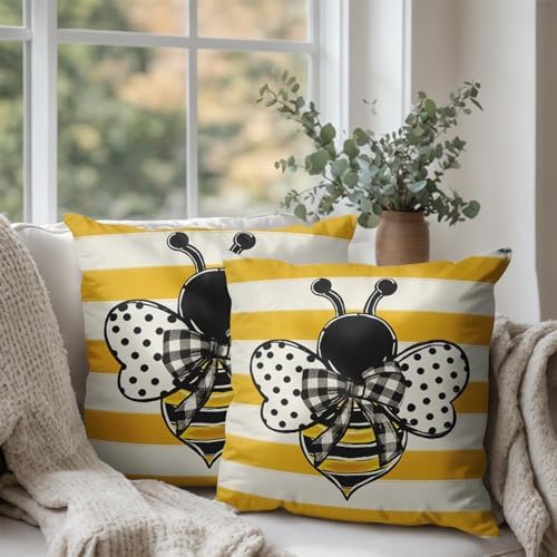 Summer Bee Pillow Covers 22x22 Set of 2 Yellow White Striped Bumblebee Pillow Cases Spring Honey Bee Holiday Decorative Cushion Case for Bed Couch Sofa