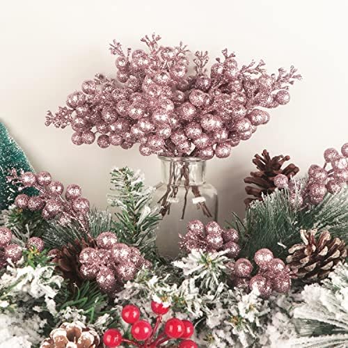 24 Pack Glitter Pink Berry Stems,7.5 Inch Christmas Sparking Red Faux Winter Berry Sprigs,Artificial Red Berries Branches for Christmas Tree Garland Wreath Crafts Season Winter Home Decor