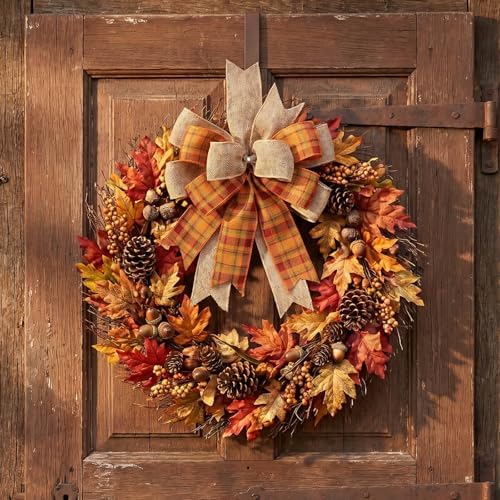 Fall Bows for Wreaths, 9.4 x 11.8 Inch Orange Burlap and Wired Plaid Ribbon, Handmade Autumn Wreath Bow for Mailbox Lantern Tree Topper, Thanksgiving Harvest Door Decor