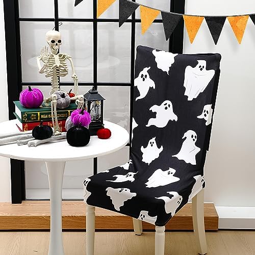 Preboun 8 Pcs 4 Styles Halloween Chair Cover Halloween Dining Chair Slipcover Spooky Chair Back Covers Stretchable Washable Chair Protective Covers for Dining Room Kitchen Office Hotel Seat Decor