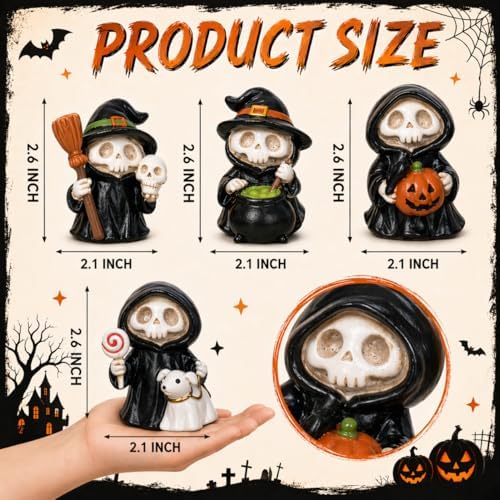 Halloween Figurines Set of 4 Halloween Decorations Indoor Table Decor Mini Skeleton Figurines Witch Skull Resin Statues Shelf Mantel Tiered Tray Decor Cute Spooky