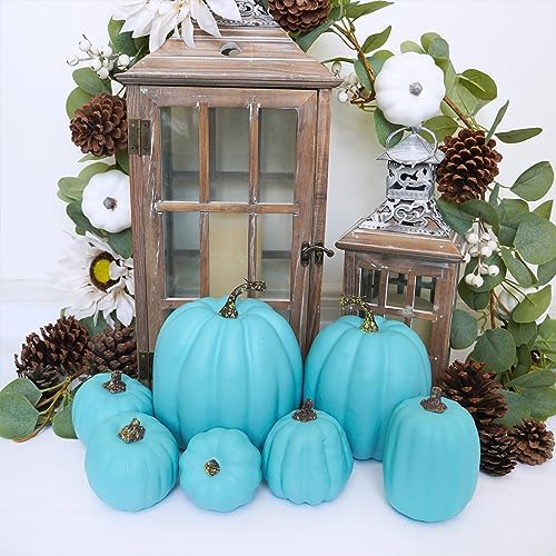 Winlyn 7 Pcs Assorted Artificial Teal Blue Pumpkins Halloween Faux Coastal Decorative Foam Pumpkins for Fall Baby Shower Thanksgiving Halloween Table Centerpiece Shelf Mantel Décor
