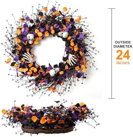 zjlmit Halloween Wreath 24 Inch Halloweeen Wreaths for Front Door Handmade Skull Wreaths with White Skeleton Hand Black Eucalyptus Leaves Orange Berries for Window Porch Indoor Party Holiday Wall Home