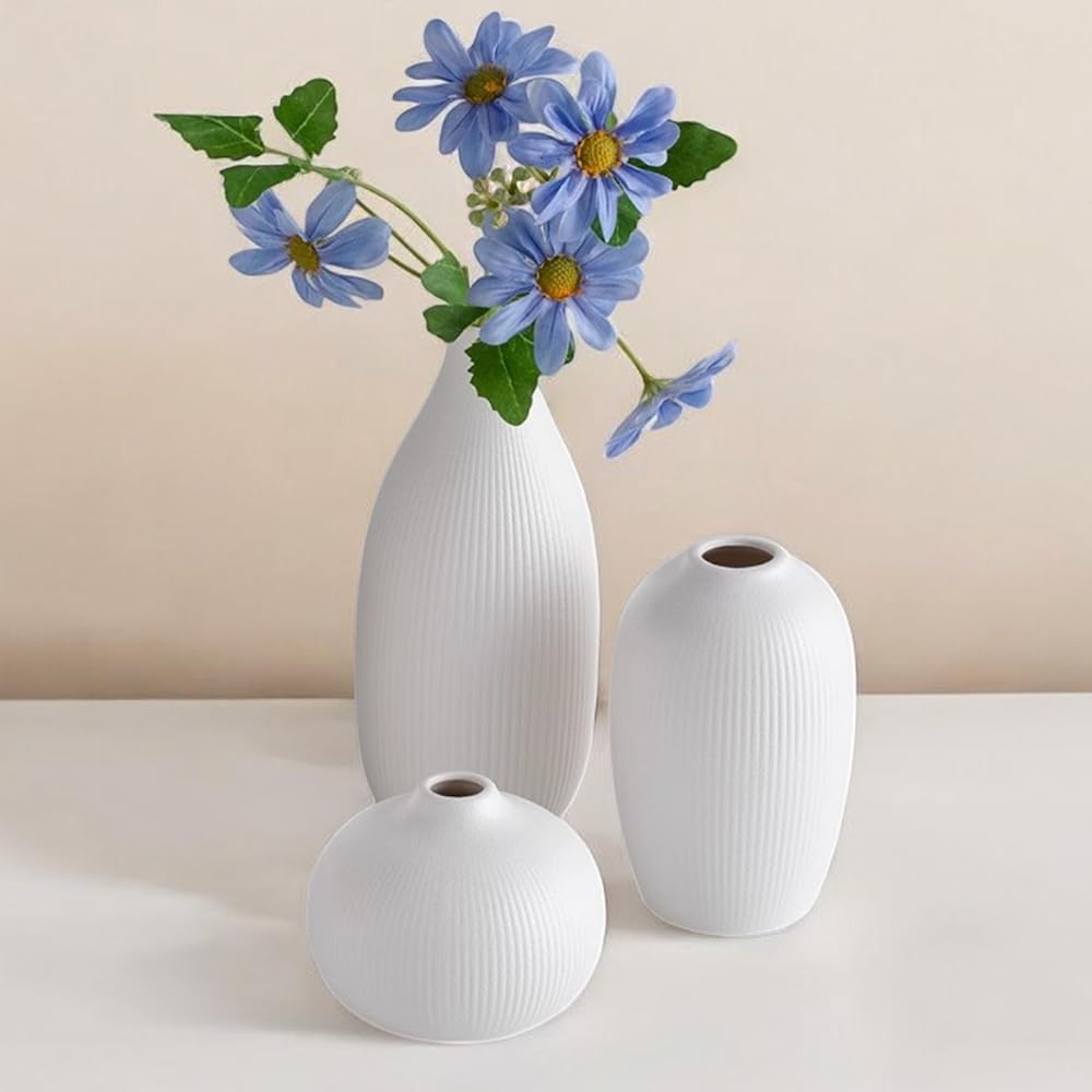 Ceramic Vase / Boho Aesthetic Flower Vases / White / Set of 3