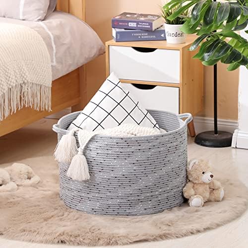 KAKAMAY Large Blanket Basket (20"x13"),Woven Baskets for storage Baby Laundry Hamper, Cotton Rope Blanket Basket for