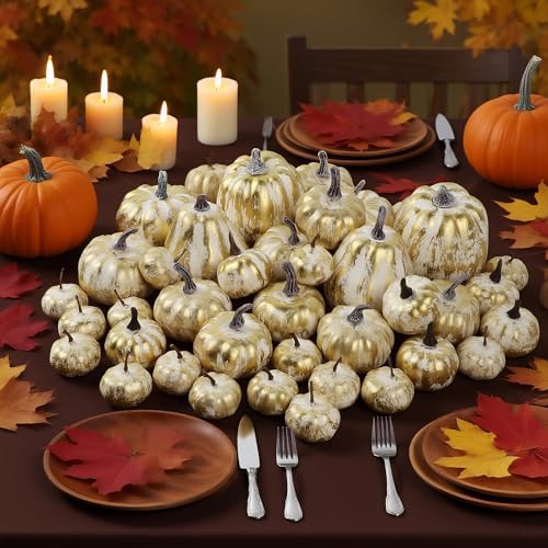 winemana 46 Pcs Artificial Gold Pumpkins Fall Decorations for Home