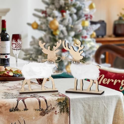 COCHIE Cute Christmas Tiered Tray Decor Indoor, Wooden Reindeer Christmas Tabletop Decorations and Xmas Tree Centerpiece, Reindeer Sign Standing Elk Decor for Home Party Decorations (Fur)