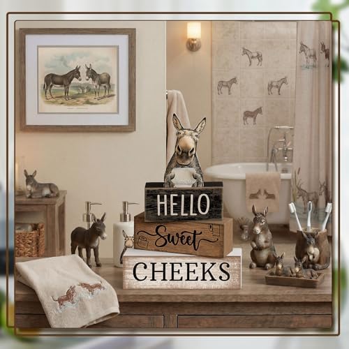 Moucuny 4 Pcs Hello Sweet Cheeks Bathroom Decor Wooden Signs Donkey
