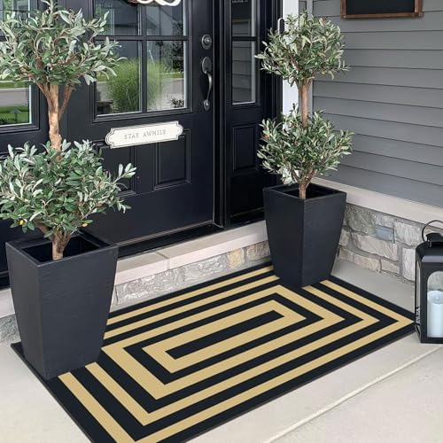 Front Door Mat Indoor Entrance - 2x4.3 Modern Black Tan Striped Rug
