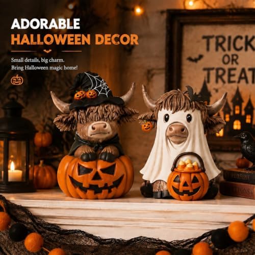 Karenhi 2 Pcs Halloween Highland Cows Figurines Resin, Pumpkin Decor
