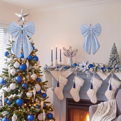 Suncalla 2 Pcs Blue Christmas Gingham Wreath Bows 18'' x 12''