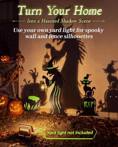 Halloween Decorations Outdoor - 3 Pack Metal Witch Yard Stakes with Solar Lantern, Glow in The Dark Tombstone, Black Cat & Cauldron for Garden Yard Lawn Porch Decor