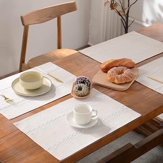 Wracra Cotton Linen Place Mats, Ivory Embroidered Placemats Set of 6 | Placemats 12 x 18 Inch; Cotton Linen Woven