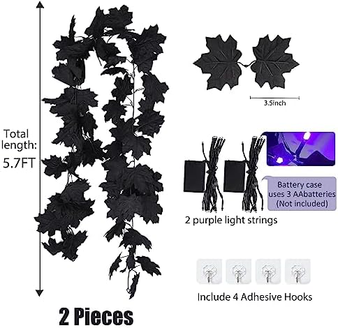 RECUTMS Black Halloween Maple Leaf Garland with Purple Light,2Pc Fall Decor