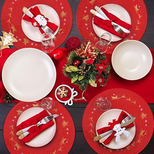 Tioncy 6 Pcs Round Christmas Placemats, Red Reindeer 13.4"