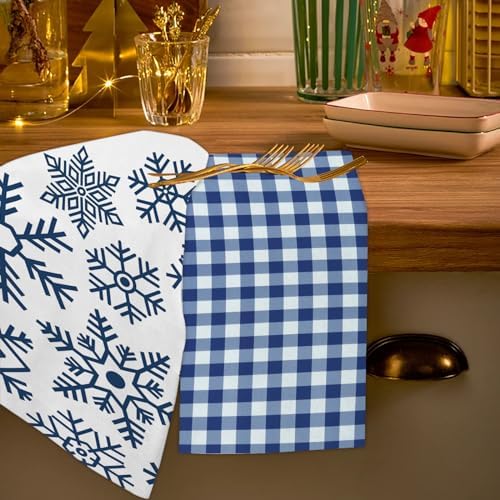 JOOCAR Blue Christmas Kitchen Towels Kitchen Decor Dish Towels Set of 4, 16x27 Inch Seasonal Witner Holiday Drying Dishcloth, Snowflake Blue Buffalo Plaid Decoration Hand Towels