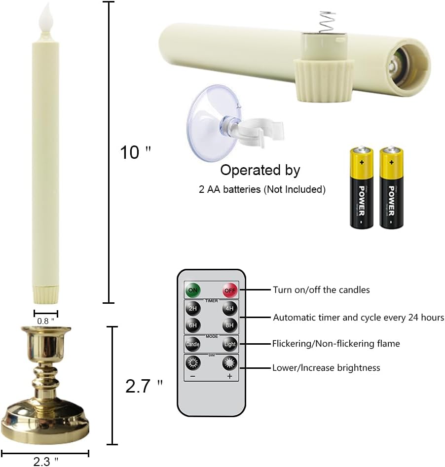 6 Pack Flameless Window Candles Battery Operated with Remote Timer | LED Taper Candle with Gold Holders, Suction Cups