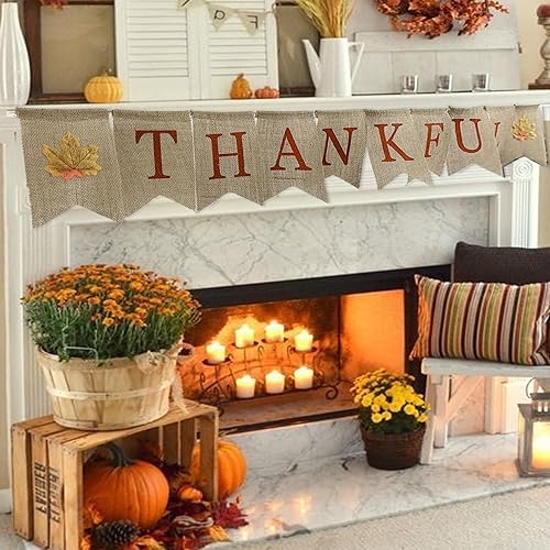 Thankful Burlap Banner Fall Autumn Maple Leaves Rustic Burlap Harvest Banner for Mantel Fireplace Wall Hanging for Welcome Home Office School Party Decor Thanksgiving Decoration Grateful Blessed Wall