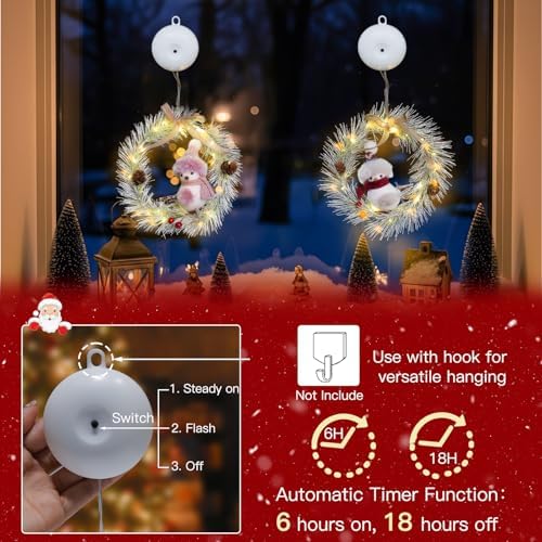 suddus Christmas Window Lights with Suction Cup, 2Pcs Wreath String Lights