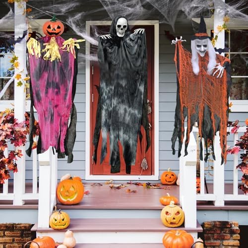 3 Pack Halloween Hanging Skeletons Witch Decorations Outdoor Indoor Decor