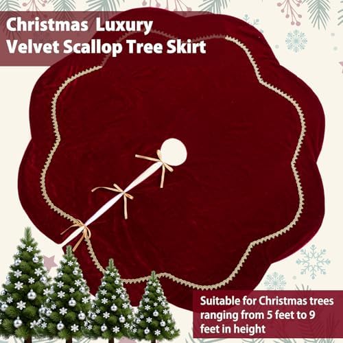 Arrowbash Red 72 Inch Christmas Tree Skirt Velvet Scallop Ddge