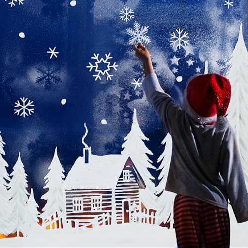 Whaline 55" Large Christmas Window Clings White Xmas Tree Cabin Snowflake Window Decal Reusable Anti-Collision Windows Decor for Winter Holiday Home Party Supplies, 8 Sheets
