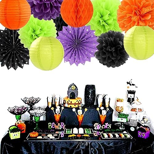 Black-Orange Purple Green Halloween Party-Decorations - 14pc Kit Paper Lanterns Fan,Tissue Flower Pom Poms Streamers,Honeycomb Balls,Birthday Supplie Wedding Baby Bridal Shower Decor Lasting Surprise