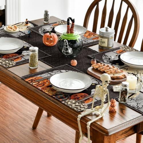 Artoid Mode Boo Black Cat Pumpkins Halloween Placemats Set of 6, Trick Or Treat 12x18 Inch Seasonal Fall Holiday Table Mats for Party Kitchen Dining Decoration