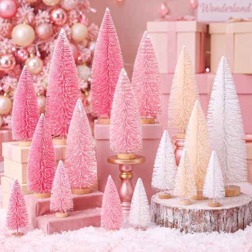 Vinsot 20 Pcs Bottle Brush Christmas Trees Miniature Tree, White,Pink