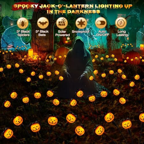 Weepong Halloween Decorations Outdoor 4 Pack Solar Lights, 24 LED Scary Pumpkin Swaying Firefly Lights with Spider & Bats for Outside Garden Yard Lawn Grave Cemetery Ghost Decor Party, Orange