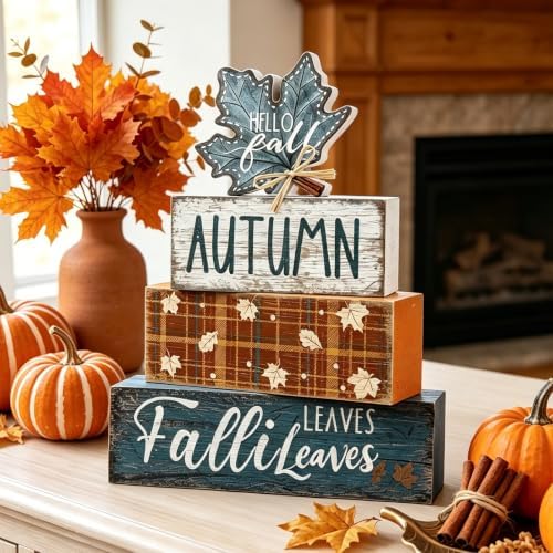 4Pcs Fall Table Decoration Fall Wood Signs Blue Maple Leaves Sign