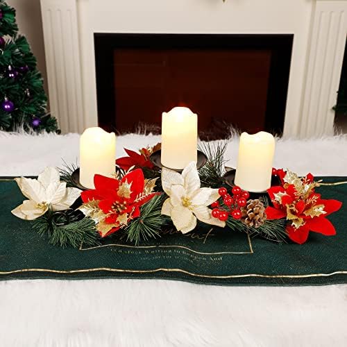 FORUP Christmas Centerpiece, Christmas Candle Holders, Christmas Tabletop Poinsettia Centerpiece with 3 Flameless Candle, Romantic Holiday Candelabrum for Home Party Christmas Table Mantel Decorations