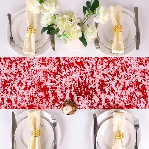 Snowkingdom Red Sparkly Table Runner Sequin Glitter Metallic Foil Mesh Runner 11 Inch x 100 Feet Romantic Wedding Reception Anniversary Birthday Party Bridal Shower Mother's Day Table Decoration