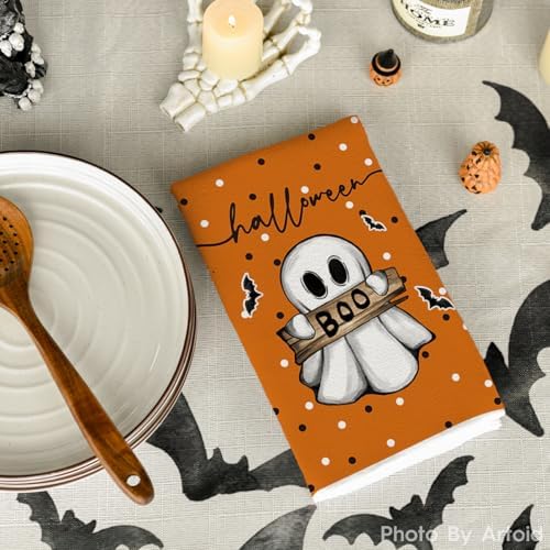 Artoid Mode Orange Cat Ghost Halloween Kitchen Towels Set of 2 18x26 Inch