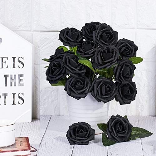 Higfra Artificial Flowers 25pcs Real Looking Black Foam Fake Roses with Stems for DIY Wedding Bouquets White Bridal Shower Centerpieces Arrangements Mothers Day Party Tables Decorations
