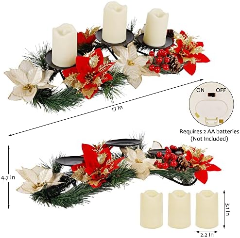 FORUP Christmas Centerpiece, Christmas Candle Holders, Christmas Tabletop Poinsettia Centerpiece with 3 Flameless Candle, Romantic Holiday Candelabrum for Home Party Christmas Table Mantel Decorations