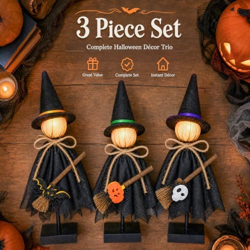 NEROSUN 3 Pcs Lighted Halloween Table Witch Figurines Decor