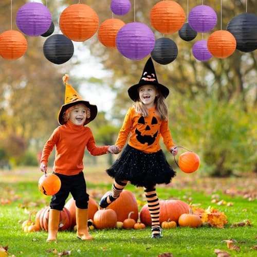 18Pcs Black Orange Purple Paper Lanterns for Parties, 6” 8” 10” 12” Chinese Asian Hanging Round Paper Lanterns for Birthday Wedding Halloween Christmas Home Decor Party Decor