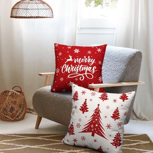 Red Christmas Throw Pillow Covers 16x16 Set of 2 Winter Xmas Tree Snowflake Outdoor Pillow Cases Merry Christmas Decorative Holiday Farmhouse Cushion Cover for Home Couch Sofa