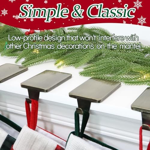 HMASYO Christmas Stocking Holders for Mantle Set of 4, Heavy Duty Cast Iron Stocking Hangers Base, Low Profile Weighted Stocking Holder Hooks for Fireplace Tabletop Shelf Christmas Decoration, Bronze