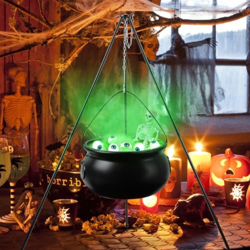 Halloween Decorations Outdoor, Large Witch Cauldron, with Large Tripod/Green Lights/Cotton/40CM Skull/Green Glowing Eyes, Witch Cauldron Magic Candy Bucket Decoration, for Porch Outdoor Party
