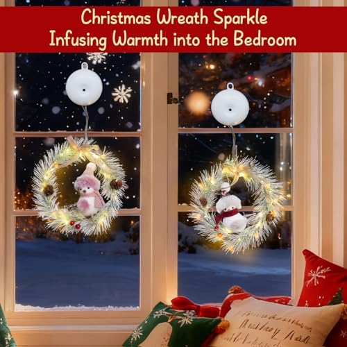 suddus Christmas Window Lights with Suction Cup, 2Pcs Wreath String Lights
