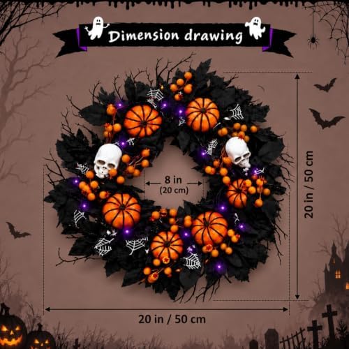 20" Halloween Wreath for Front Door, Black Gothic Spooky Outdoor Décor