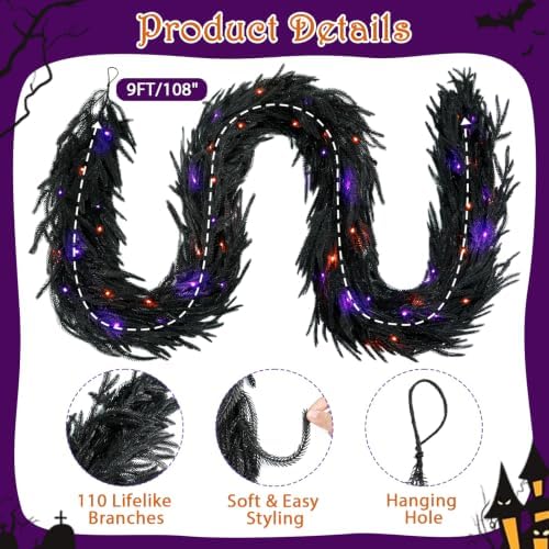 9FT Soft Touch Black Norfolk Pine Halloween Garland with Timer Lights