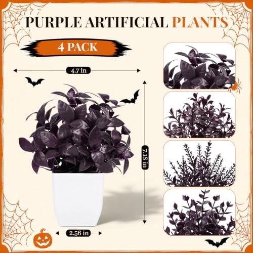 Der Rose 4 Pack Purple Fake Plants in Pots for Halloween Indoor Decor