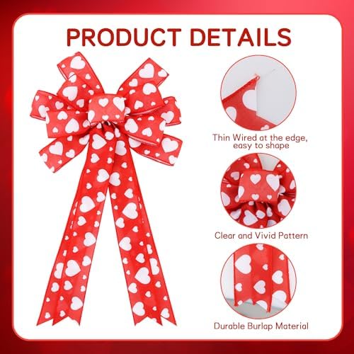 TONIFUL Valentine Tree Topper Bow with Heart Red Valentines Burlap Wreath Bow for Front Door Home Decor Wedding Anniversary Proposal Party Decor(11" x 20"