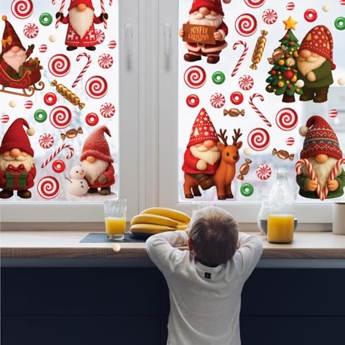 WALPLUS Christmas Window Clings Decorations Double-Sided Reusable Peel and Stick Removable for Glass Living Room Nursery Room Home Office Holiday Gnomies and Candy Delights 186 Pieces