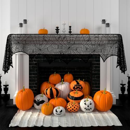 Halloween Mantle Scarf, Black Lace Spiderweb Fireplace Mantel Scarf,Halloween Mantel Decor for Cloth Table Runner,Halloween Decorations Indoor Festive Party Supplies Door Window Curtain,96 x 18 Inch