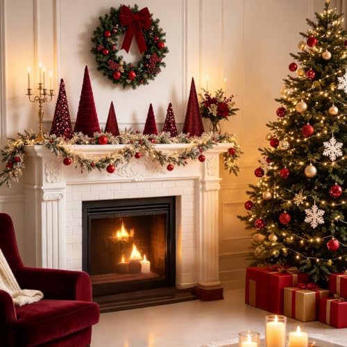 6 PCS 12" 10" 6" Burgundy Christmas Velvet Cone Tree Decorations Christmas Glitter Tree Farmhouse Tree Tiered Tray Ornament for Xmas Winter Home Holiday Rustic Fireplace Shelf Tabletop Tree Decor