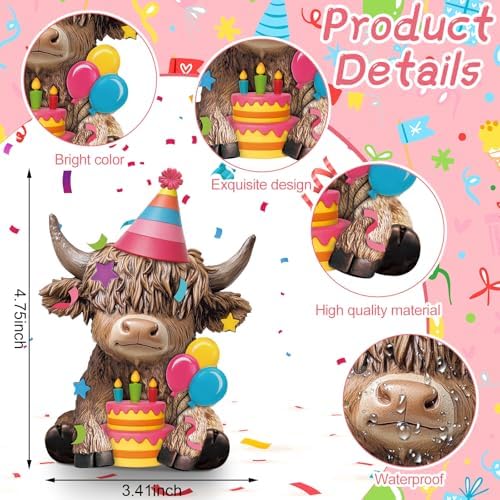 Karenhi 2 Pcs Highland Cow Figurines Resin Birthday Cake Topper Decor